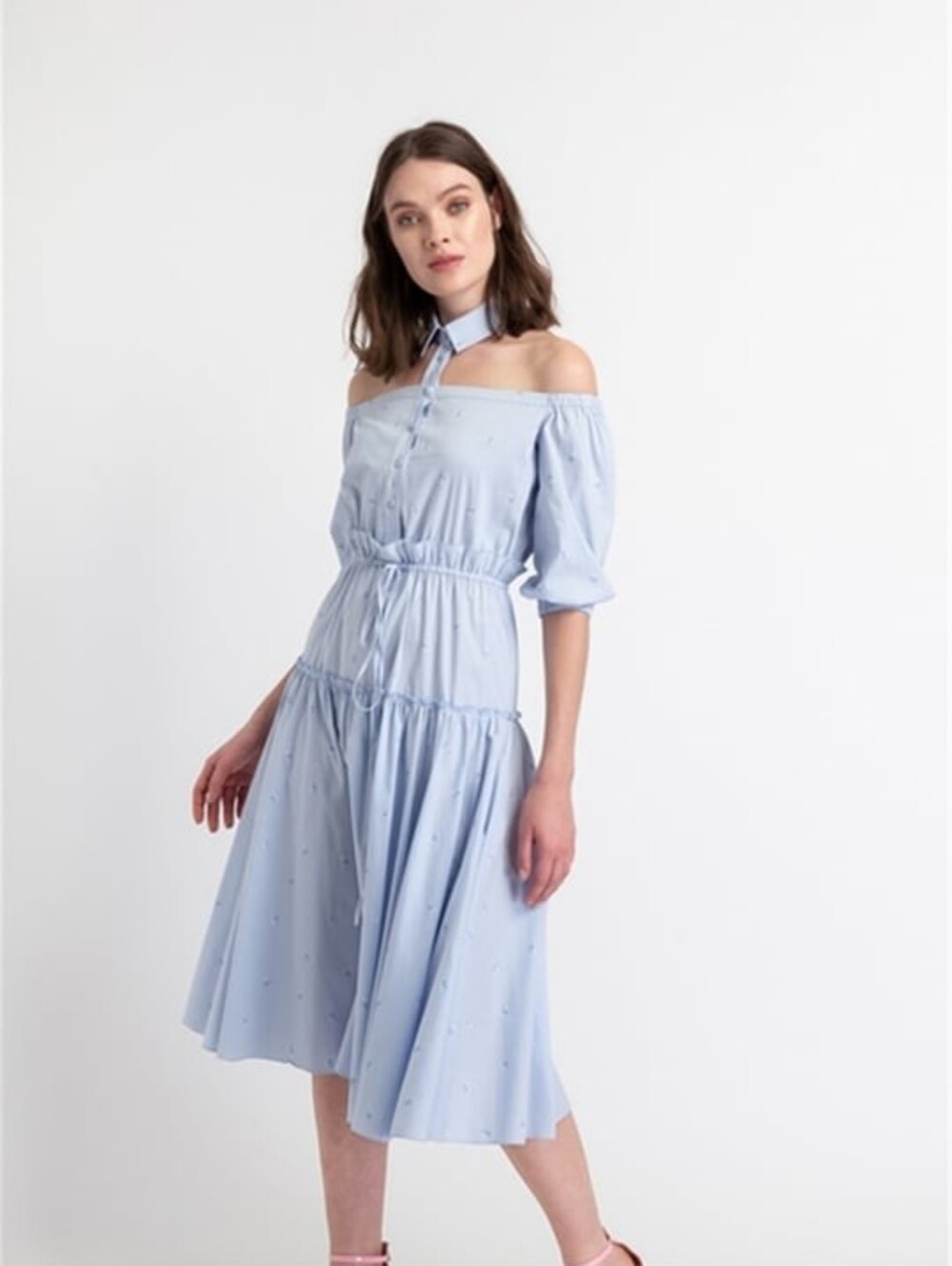 RUE STRIPE PRINT SHIRT COLLAR COLD SHOULDER DRESS BLUE Size 36